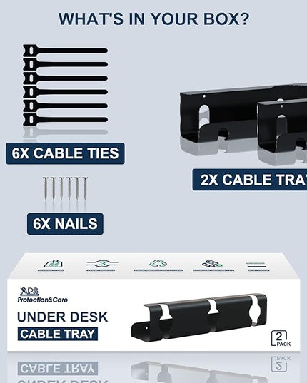 APS Under Desk Cable Raceway Tray 2 Pack - 16" Sturdy Metal Cord Organizer, No Drill Clamp Mount for Wire Hiding, Holds 15lbs+ for Office Home Desks - Black