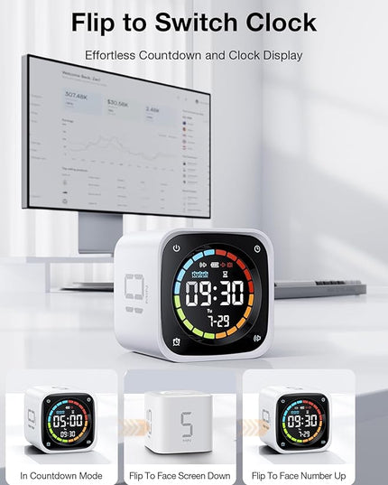 TK3 Pomodoro Timer Cube, Desk Productivity Timer with 5/10/30/60 Min Presets, Custom Countdown, Stopwatch, Clock, 3 Alarm, Silent, Vibrate & Sound Alert, for Task, ADHD, Study, Kitchen, White