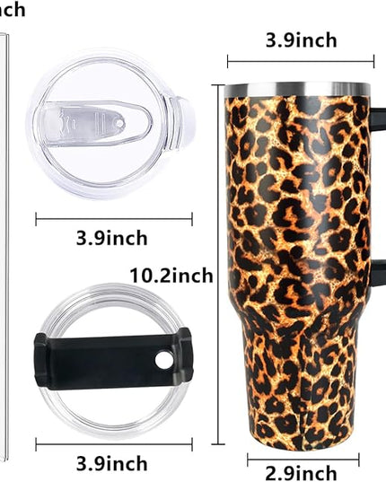 SYACOT 40 oz Tumbler with Handle and Straw Stainless Steel Insulated Tumbler Leak Proof Lid and Straw Lid Reusable Travel Mug Coffee Mug Cup Dishwasher Safe Keep Drinks Cold and Hot (Leopard)