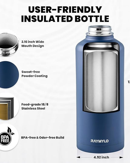 Insulated Water Bottle 87 oz, Triple Wall Vacuum Stainless Steel (Cold for 48 Hrs), Leak Proof & Non-BPA, Modern Water Flask Jug with Paracord Handle & Straw Spout Lids, Navy Blue