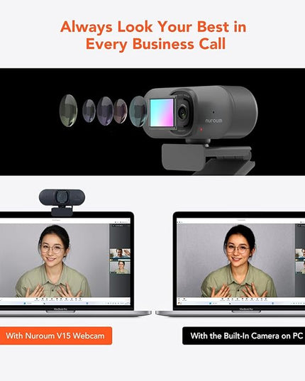 NUROUM V15AF 2K Webcam for PC, 1080P 60fps Autofocus HD Webcam with Dual Noise Cancelling Microphone, 75° FOV&Light Correction, USB Web Camera Plug&Play for Zoom/Teams,Grey