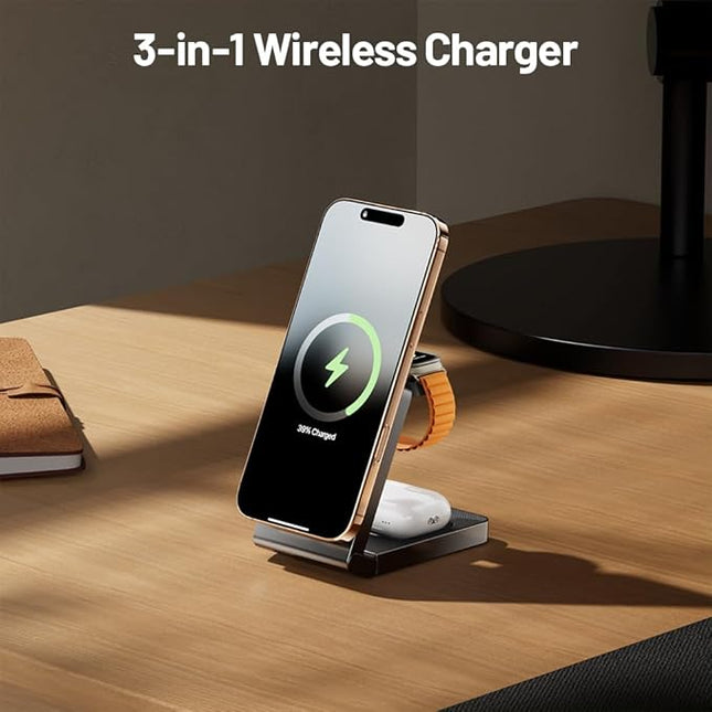 Wireless Charger iPhone Magnetic Charger Station 3 in 1 Charging Station Foldable Magsafe Charger Stand for iPhone 17 16 15 14 13 12 for Apple Watch 10 9 8 7 6 5 4 3 2 SE Ultra for AirPods 4 3 Pro
