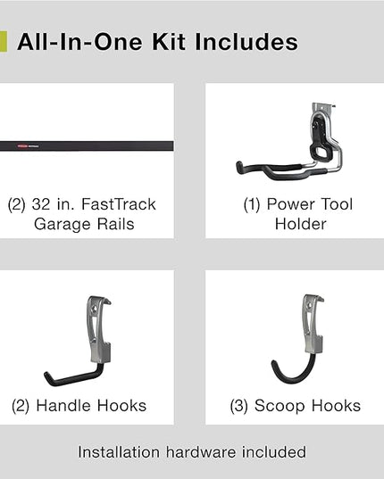 Rubbermaid Garage FastTrack 8-Piece Small Kit Black/Grey All-in-One Rail & Hook Wall Hanging Kit Wall Mounted Storage Solution for Home/Garage