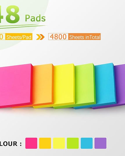 Sticky Notes 3x3 inch Bright Colors Self-Stick Pads 48 Pads/Pack 90 Sheets/Pad Total 4320 Sheets