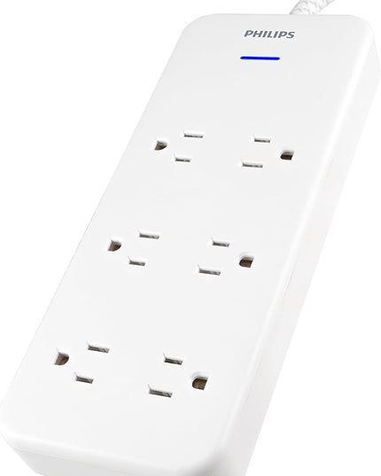 Philips 6-Outlet Surge Protector with Multiple Outlets, 8 Ft, Braided Cord,1080 Joules, Adapter-Spaced, White, SPC6066WB/37