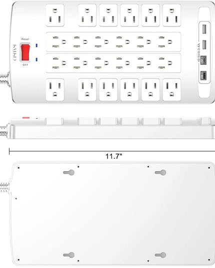 Surge Protector Power Strip - QINLIANF 20Ft Flat Plug Heavy Duty Extension Cord with 24 Outlets and 4 USB Ports(2 USB-C Ports), 1875W/15A, 4100J, for Home, Office, Dorm, ETL Listed, White
