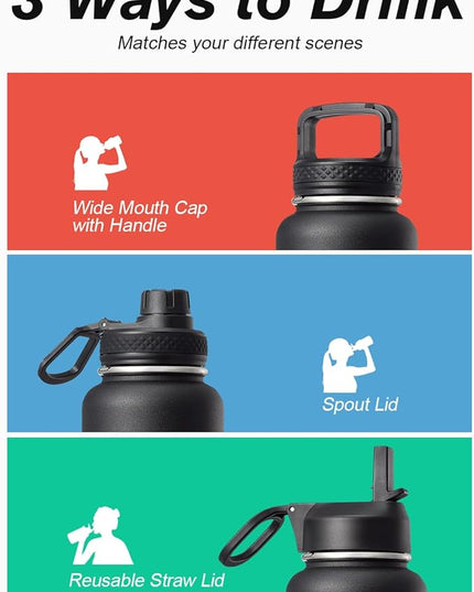 Water Bottle 40 oz Insulated with Straw&Brush, Coolflask Vaccum Stainless Steel Metal 3 Lids Water Flask for Sports, Gym or Office, Keep Cold 48H Hot 24H, Magic Black