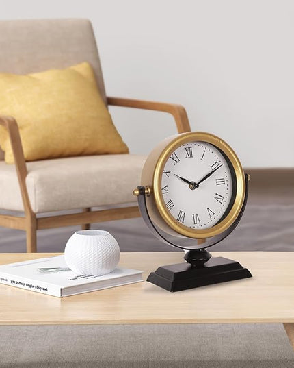 Desk Clock - Classic Vintage Clock and Decorative Shelf Decor,Silent Non-Ticking Clock with Distressed Metal Frame for Office, Living Room or Bedroom