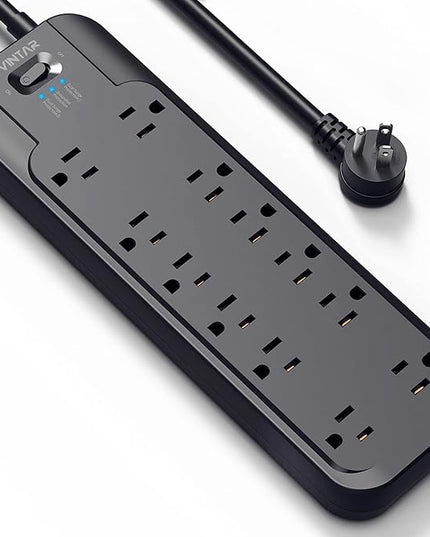 VINTAR Power Strip Surge Protector with 12 AC Outlets, 1875W Output, 10FT Long Extension Cord Flat Plug with Dual Surge Protection (2 × 4800 Joules) for Office, Home, ETL Listed, Black