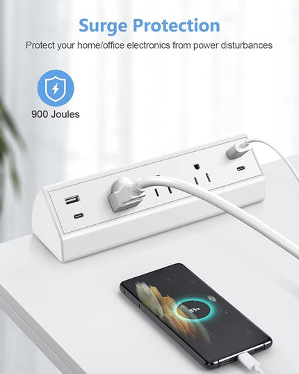 Jgstkcity Desk Clamp Power Strip,40W Total Fast Charging Station,2 PD 20W USB C Ports,Desk Edge Mount Surge Protector for Home, Office,3 Outlets,Fit 1.96" Tabletop Edge,ETL Listed,White