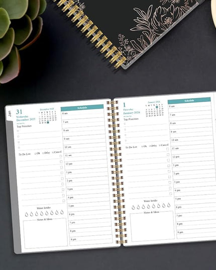 Daily Planner 2026 Full Page Per Day- 2026 Daily & Monthly Planner from January 2026 to December 2026, Day Planner 2026 with 12 Months Tabs, 6.4" x 8,5", Black Flowers