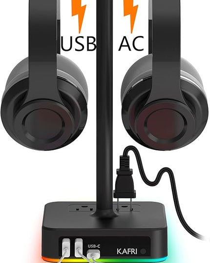 KAFRI RGB Dual Headphone Stand with USB C Charger Desk Gaming Double Headset Holder Hanger Rack with 3 USB Charging Port and 2 Outlet - Suitable for Gamer Desktop Table Game Earphone Accessories Gift
