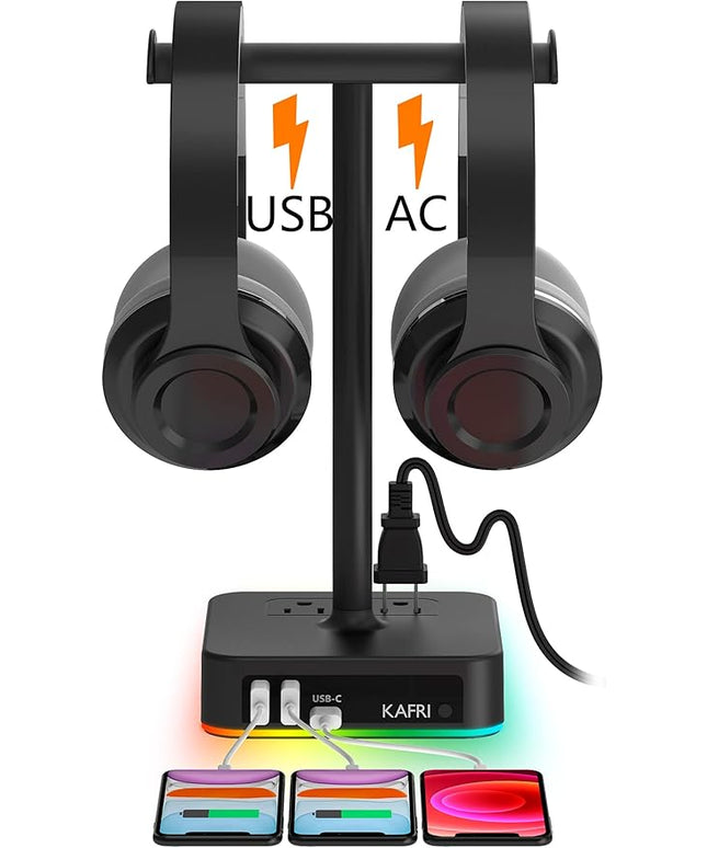 KAFRI RGB Dual Headphone Stand with USB C Charger Desk Gaming Double Headset Holder Hanger Rack with 3 USB Charging Port and 2 Outlet - Suitable for Gamer Desktop Table Game Earphone Accessories Gift