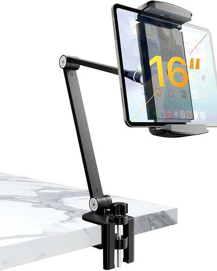 Tablet Stand Holder-Adjustable iPad Desk Mount with 360° Rotating Base for 6.3-16" Devices-Foldable Aluminum ipad Arm Mount for Desk,Bed,Kitchen-Compatible with iPhone,iPad,Tablet,Portable Monitor