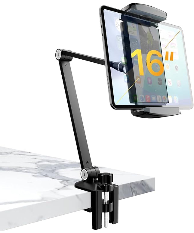 Tablet Stand Holder-Adjustable iPad Desk Mount with 360° Rotating Base for 6.3-16" Devices-Foldable Aluminum ipad Arm Mount for Desk,Bed,Kitchen-Compatible with iPhone,iPad,Tablet,Portable Monitor