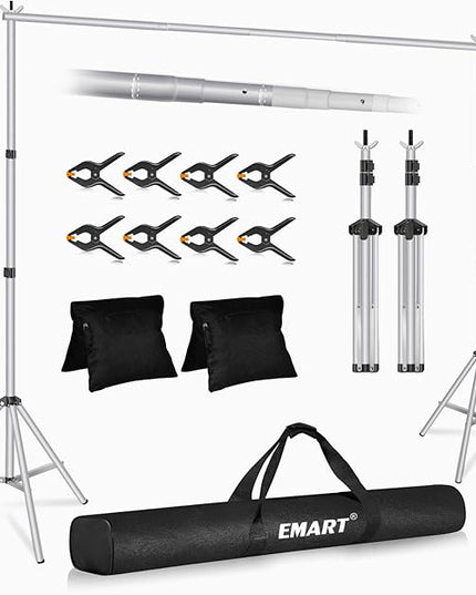 EMART Backdrop Stand 10x8.5ft(WxH) Photo Studio Adjustable Background Stand Support kit with 2 Crossbars, 8 Clamps, 2 Sandbags and Carry Bag for Parties, Events Decoration, Wedding, Photography-Silver