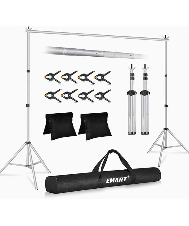 EMART Backdrop Stand 10x8.5ft(WxH) Photo Studio Adjustable Background Stand Support kit with 2 Crossbars, 8 Clamps, 2 Sandbags and Carry Bag for Parties, Events Decoration, Wedding, Photography-Silver