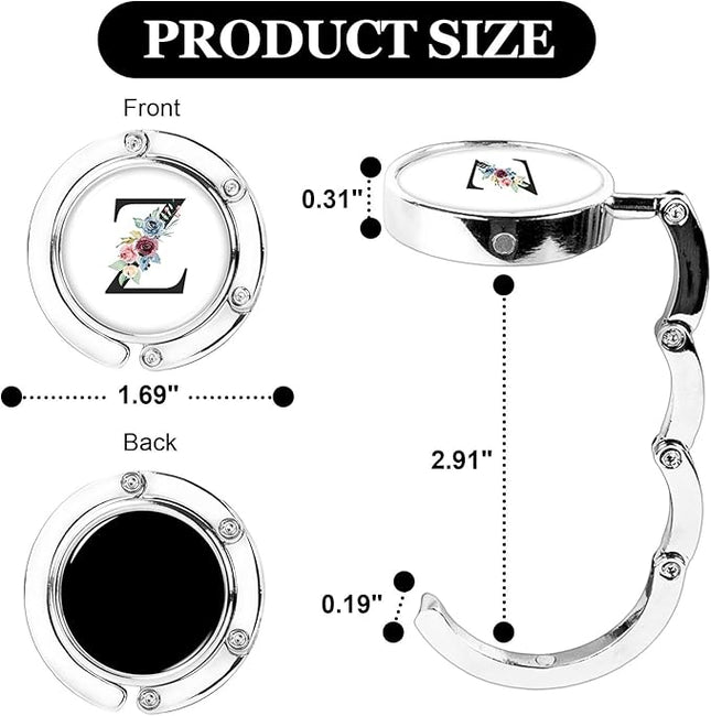 XSUIOY 3Pcs Personalized Initial Foldable Purse Hook for Table,Crushed Flower Letters Folding Purse Hanger,Purse Holder Handbag Hanger Collection Desk Table Bag Hooks Gifts for Women Bag(Black-Z)