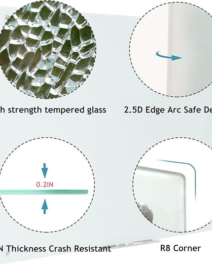 Glass Whiteboard 48 * 72Inches Magnetic Wall Mounted Glass Whiteboard, Large Frameless Glass White Board for Wall Office, Home & School
