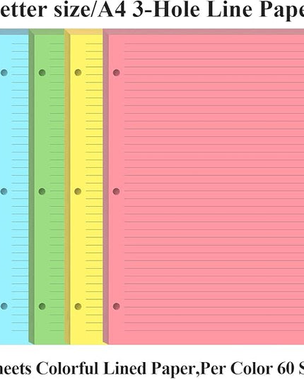3 Hole Colorful Lined Paper - 100 Sheets/200 Pages Loose Leaf Paper Line Refills, Per Color 20 Sheets, 8.5" x 11"