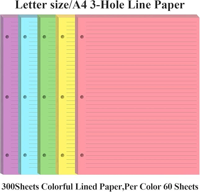 3 Hole Colorful Lined Paper - 100 Sheets/200 Pages Loose Leaf Paper Line Refills, Per Color 20 Sheets, 8.5" x 11"