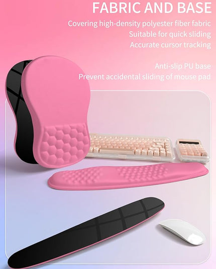 Hokafenle 2in1 Combination, Wave Keyboard Wrist Rest and Ergonomic Curvature Mouse Pad Wrist Support for Relieve Wrist Pain, Filled with Soft Cushion Memory Foam, Tough Guy Pink