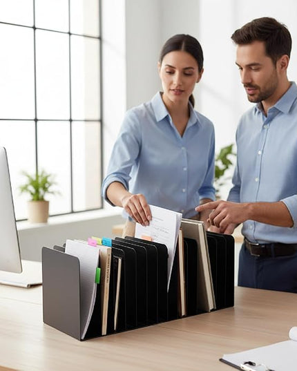 Suzile 2 Pcs Metal Desk File Organizer 15 Compartments Metal Desktop Organizer File Sorter Office Organization File Holder for Home Classroom, Vertical File Organizer, 15.75" l x 5.79" W x 5.41" H