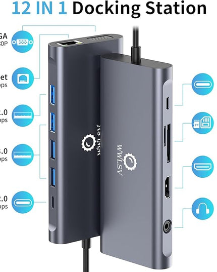 Laptop Docking Station, 12-in-1 USB C Hub – Dual Monitor with 1x 4K@60Hz HDMI, VGA, 100W PD, Ethernet, 3× USB 3.0, USB-C Data Port, SD/TF Card Reader, Audio – Compatible with MacBook, Dell, HP, Lenovo