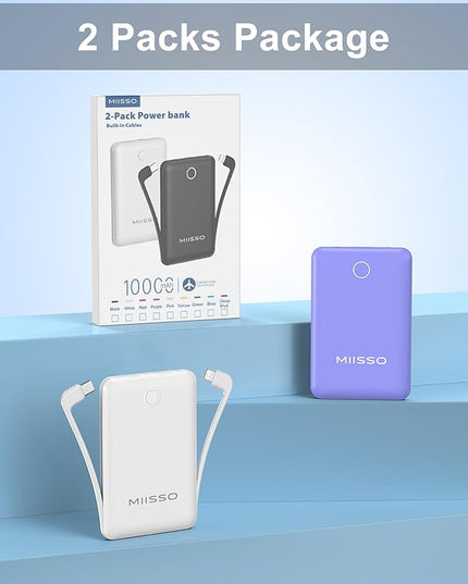 10000mAh Mini Portable Charger with Built in Cable, Pocket Size Power Bank Travel External Battery Pack for Phone, 3 Output USB Type C Cord Clutch Compatible with iPhone, Samsung,2 Pack Purple & White