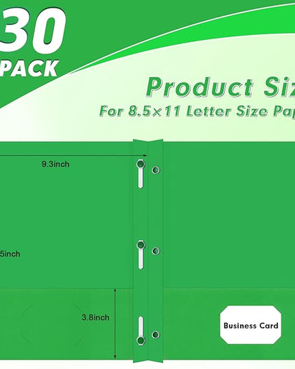 Two Pocket Folders, PANDRI 30 Pack Two Pocket Folders with Prongs, 3 Prong Folders Designed for Office and Classroom, Letter Size Green