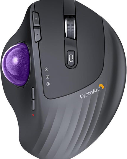 ProtoArc Wireless Trackball Mouse, EM01 NL Ergonomic Bluetooth Rollerball Thumb Rechargeable Computer Laptop Mouse, Adjustable Angle & 3 Device Connection for PC, Mac, Windows-Purple Ball