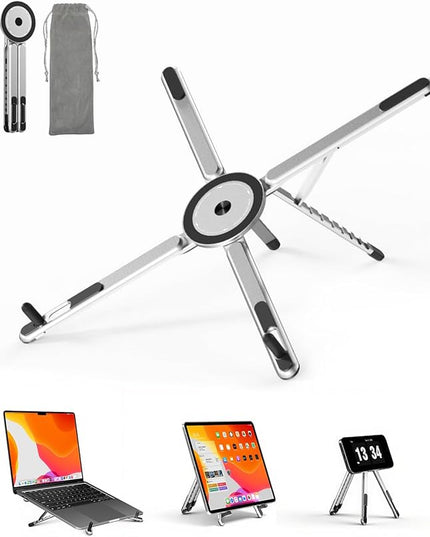 Viozon Portable Laptop Stand for Desk, Foldable Adjustable Computer Riser with Magnetic Phone Holder, Aluminum Laptop Stand for 10–16” Laptops & 4–13” Phones/Tablets (Silver)