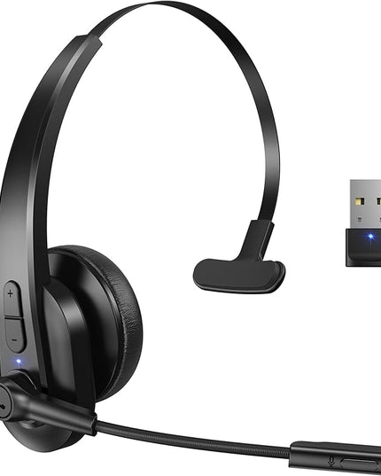 Sarevile Bluetooth Headset with USB Dongle for Computer, Single-Ear Wireless Headset with Noise Cancelling Microphone for Office & Truckers, Bluetooth V5.2 with Mute Button for Work