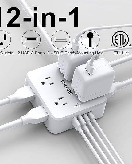 10Ft Surge Protector Power Strip - CHCORE Flat Plug Extension Cord with 8 Outlets and 4 USB Ports(2 USB C), 3 Side Wall Mount Outlet Extender for Home Dorm Room Essentials, ETL Listed, White