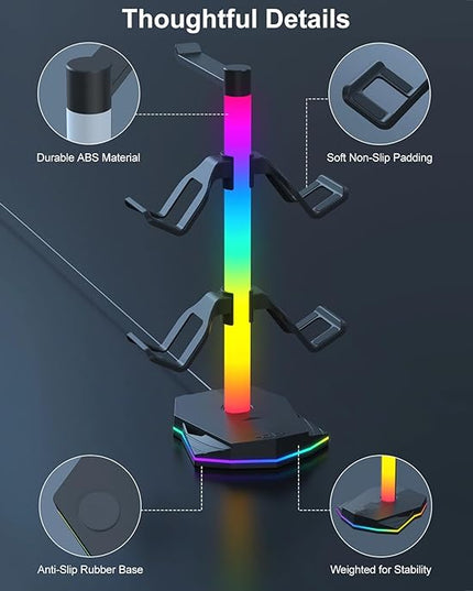 Jiawu Gaming Headphone Stand, RGB Headphone Stand with 2 USB & 1 Type C Port, Controller Holder Rack, Headset Holder Hanger, Computer Game Accessory for Desktop