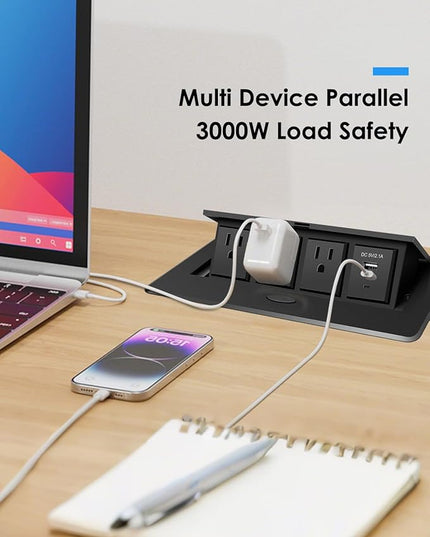 Pop Up Conference Table Power Outlet with 3 AC Outlets, USB PD Fast Charging, 9.8FT Power Cord Embedded Hub Connection Box for Office, Home, and Study Spaces