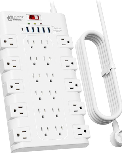10Ft Extension Cord with Multiple Outlets, SUPERDANNY Surge Protector Power Strip (1875W/15A), 22 AC Outlets and 6 USB Charging Ports, Wall Mountable for Home, Office, Gaming Room, 2100 Joules, White