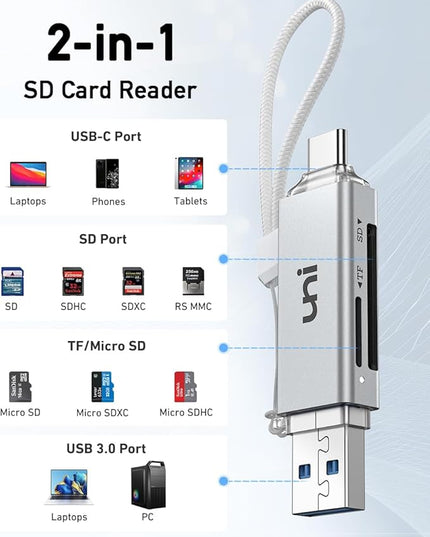 SD Card Reader, uni High-Speed USB C to Micro SD Card Adapter USB 3.0 Dual Slots, Memory Card Reader for SD/Micro SD/SDHC/SDXC/MMC, Compatible with MacBook Pro/Air, Chromebook, Android Galaxy - Silver