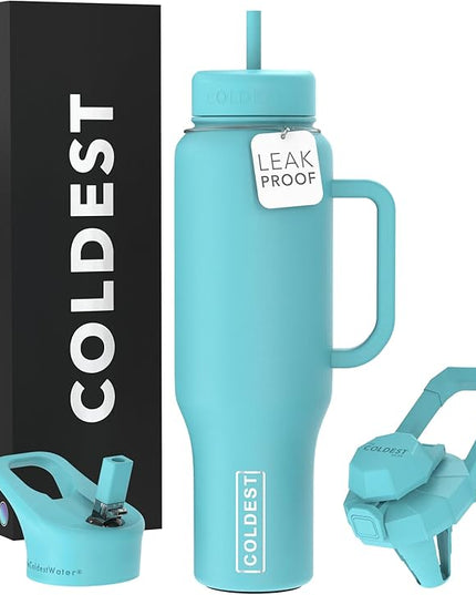 Coldest Tumbler with Handle and Straw, 100% Spill Proof Tumbler with Straw (3 Lids), Stainless Steel Insulated Leakproof Tumblers for Women Men, Cup Holder Friendly, 46 oz (Turtly Green)