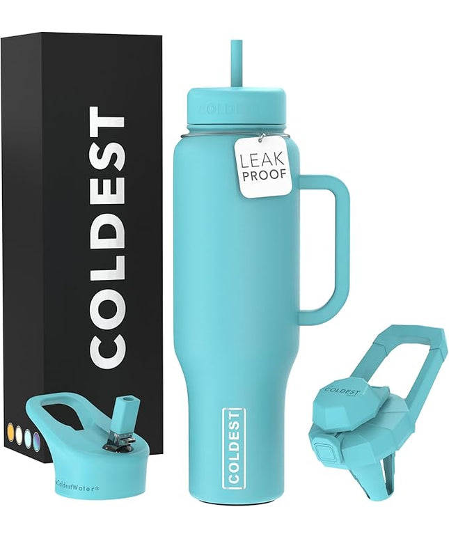 Coldest Tumbler with Handle and Straw, 100% Spill Proof Tumbler with Straw (3 Lids), Stainless Steel Insulated Leakproof Tumblers for Women Men, Cup Holder Friendly, 46 oz (Turtly Green)