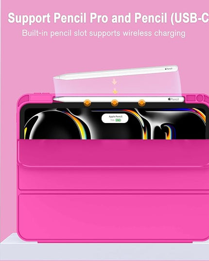 ZryXal iPad Pro 11 Inch Case (M5) 2025/ (M4) 2024 (Model: A2836/A2837/A3006), Trifold Stand Smart Cover with Pencil Holder and Soft TPU Back, Auto Wake/Sleep (Rose Red)