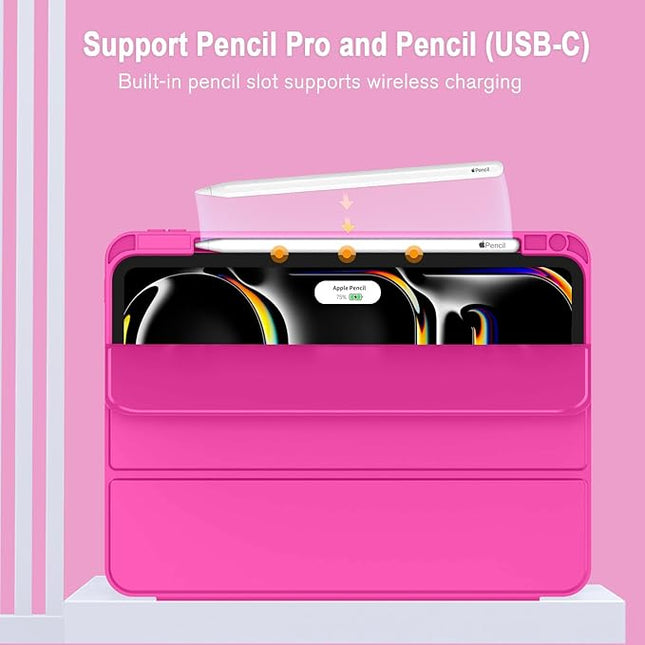 ZryXal iPad Pro 11 Inch Case (M5) 2025/ (M4) 2024 (Model: A2836/A2837/A3006), Trifold Stand Smart Cover with Pencil Holder and Soft TPU Back, Auto Wake/Sleep (Rose Red)