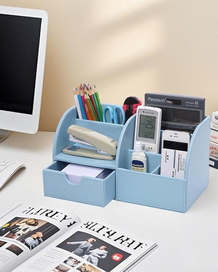 KINGFOM Pu Leather Desk Organizer Pen Pencil Holder Office Supplies Caddy Storage Box 6 Compartments with Drawer Blue