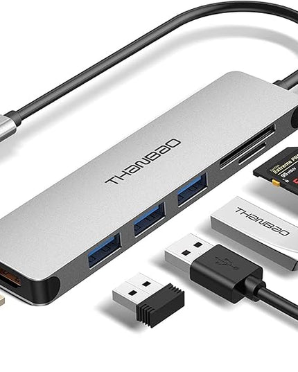 USB C Hub Multiport Adapter - 7 in 1 Portable Space Aluminum Dongle with 4K HDMI Output, 3 USB 3.0 Ports, SD/TF Card Reader Compatible for MacBook Pro, XPS More Type C Devices