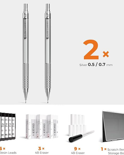Four Candies 2PCS Metal Mechanical Pencils Set with Case, 0.5mm & 0.7 mm Artist Pencil with 6 Tubes (360PCS) HB Lead Refills, 3 Erasers,9 Eraser Refills For Writing Drafting, Drawing, Silver