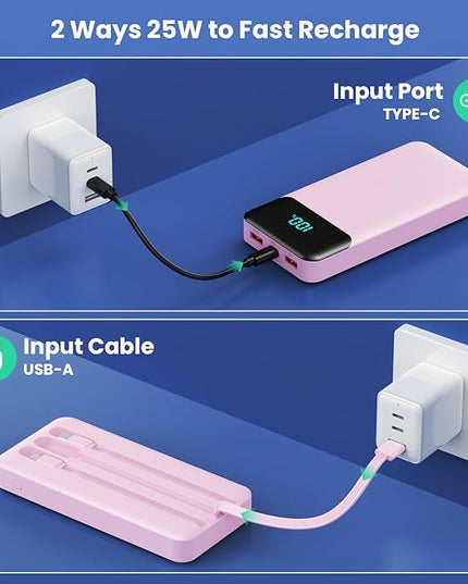 Portable Charger 40800mAh Power Bank with 3 Built-in Cables,PD 25W USB C in&Out Power Bank Fast Phone Charging,QC4.0 5 Output Travel Camping Essential Battery Pack for iPhone 17/16,Samsung etc-Peach