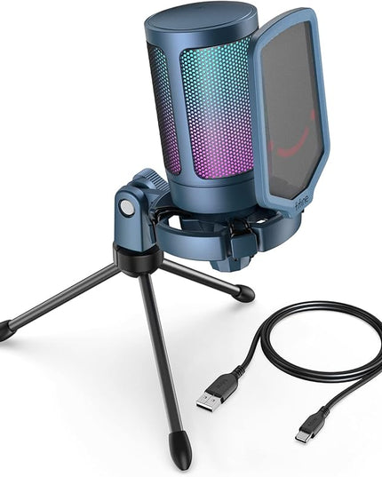 FIFINE Gaming Streaming USB PC Microphone for Mac OS/Windows, AmpliGame Condenser Cardioid Mic with RGB for Video Vocal Recording Twitch Discord, Gamer Computer Mic-Blue