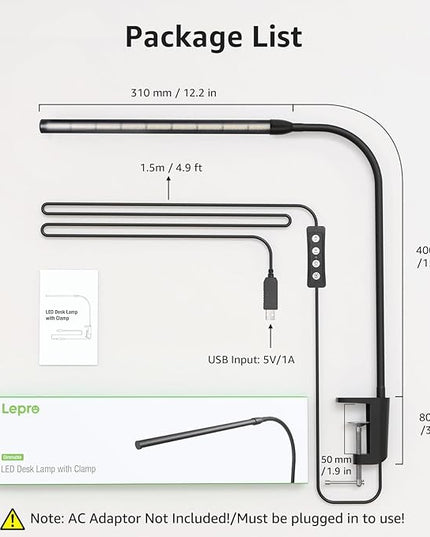 Lepro Clip on Desk Lamp LED Reading light Dimmable USB Small Clamp Lamp with 3 Color Modes 10 Brightness, Adjustable Flexible Gooseneck Table Light for Bed Headboard, Nail, Home Office,Computer(Black)