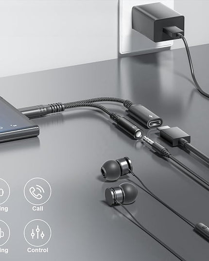 USB-C to 3.5mm Audio Headphone Adapter - HiFi and Charger 2-in-1 Compatible with Apple iPhone 15 Samsung Galaxy S24 S23 S22 S21 S20 Plus Pro Max Ultra Pixel iPad - Type C to Jack Dongle Adapter
