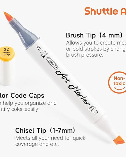 Shuttle Art Pastel Alcohol Markers Brush tip, Dual Tip Brush & Chisel Tip Art Marker Set, 50 Colors plus 1 Blender Marker Pens with Case Perfect for Illustration Students Adults Coloring Sketching